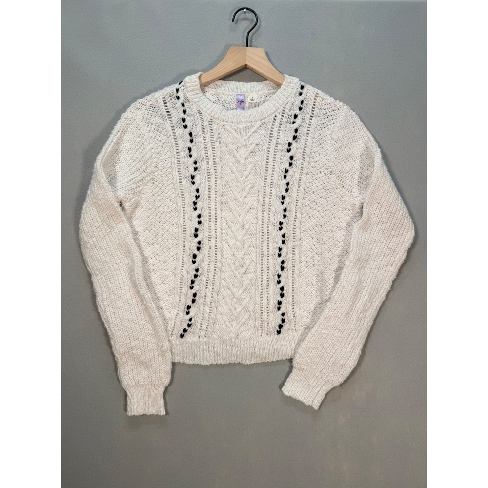 Alya Women Cream Cable Knit Heart Embroidered Cotton Sweater Small 518-JS120